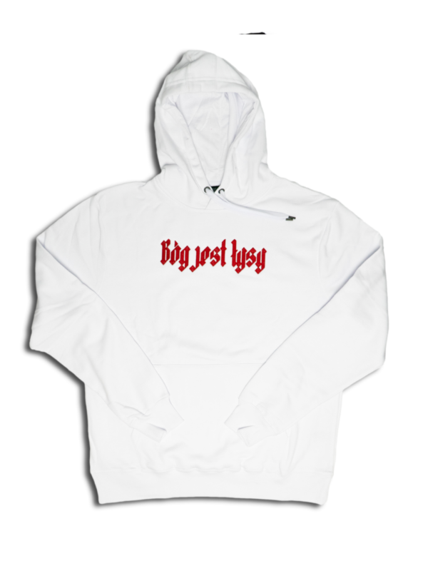 białe hoodie bóg jest łysy (haft)