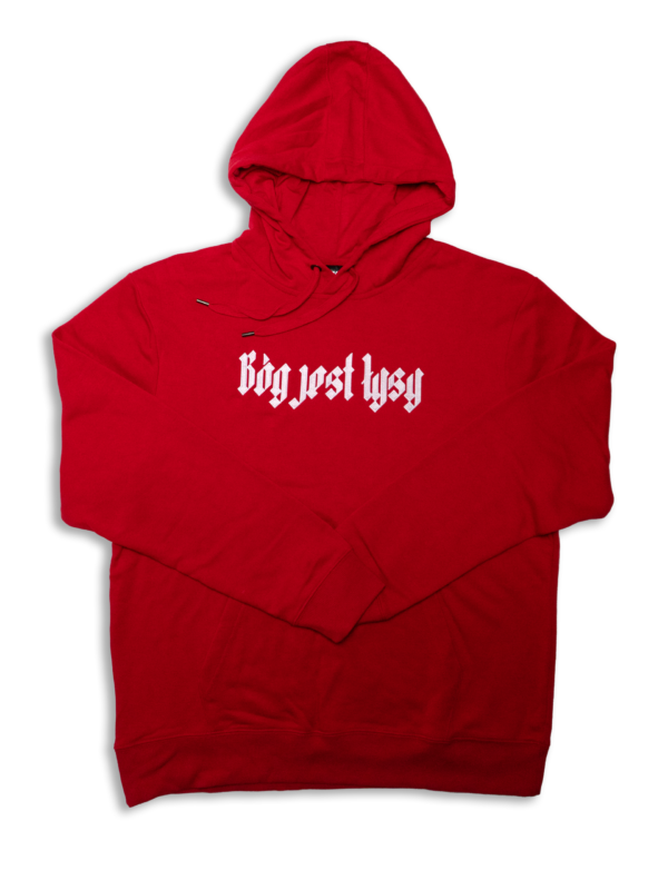 czerwone hoodie bóg jest łysy