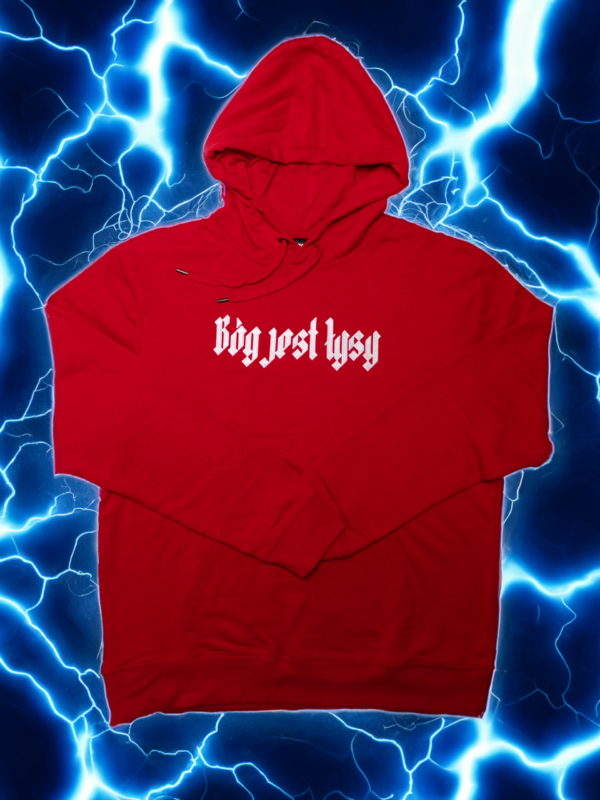 czerwone hoodie bóg jest łysy