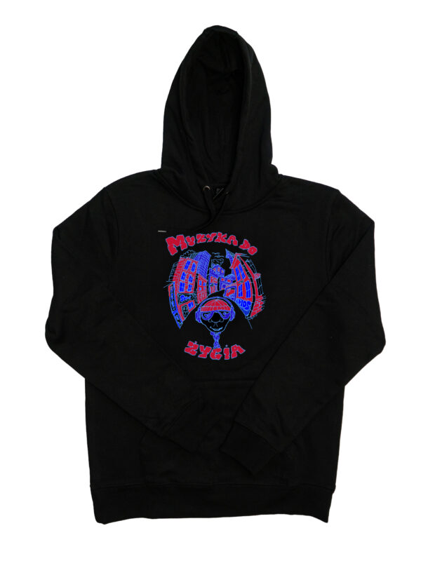 czarne hoodie muzyka do życia blue red