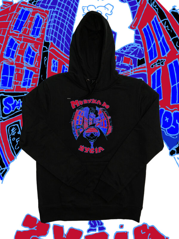 czarne hoodie muzyka do życia blue red