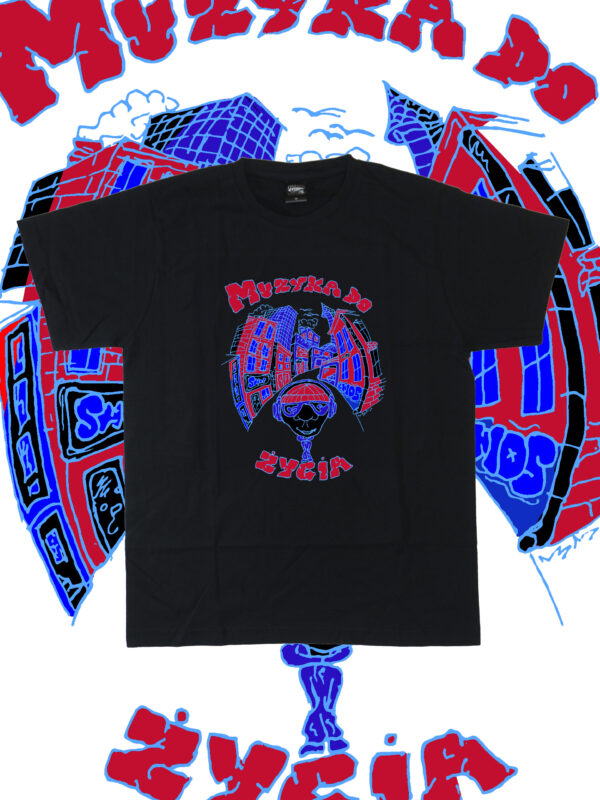 czarny tshirt muzyka do życia blue red