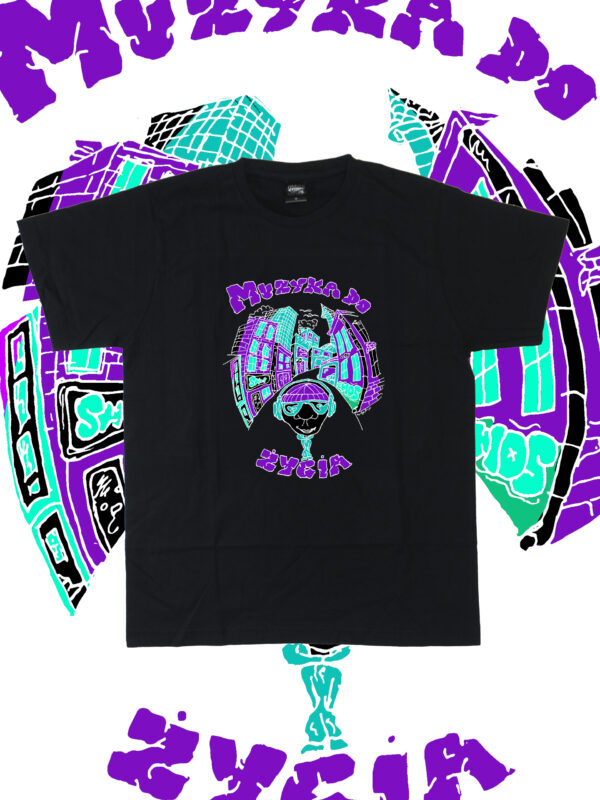 czarny tshirt muzyka do życia purple green