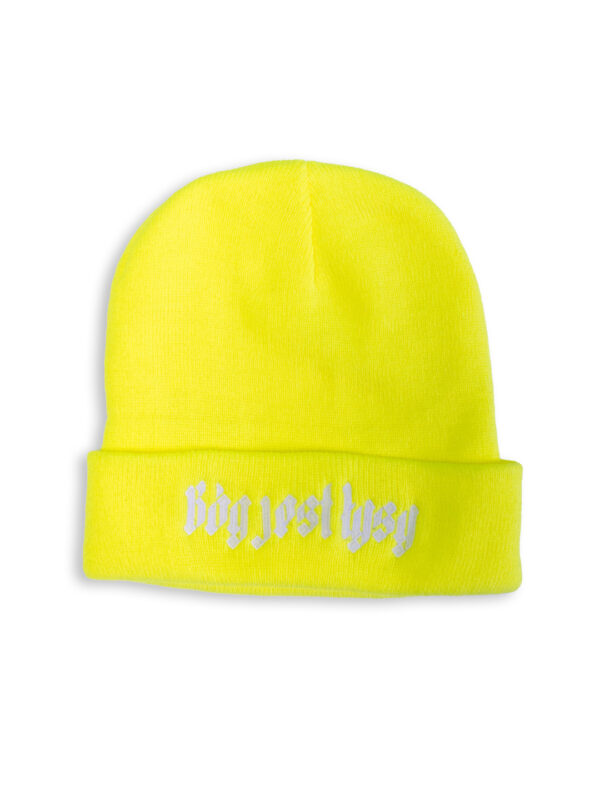 neonowa czapka zimowa bóg jest łysy