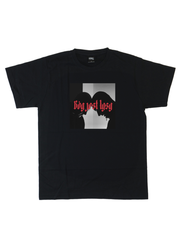 czarny tshirt bóg jest łysy cover