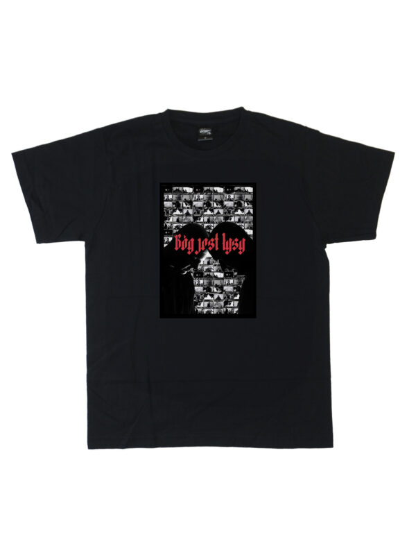 czarny tshirt bóg jest łysy poster