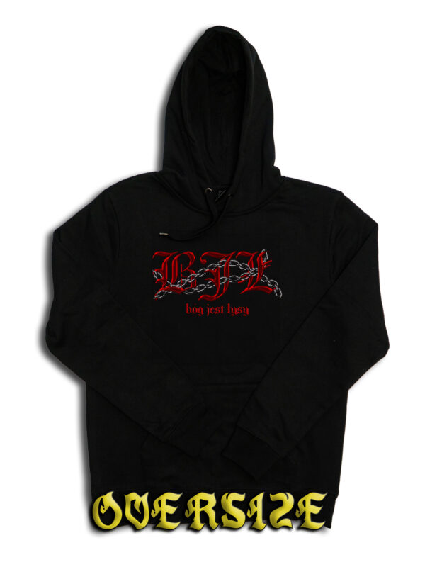 czarne hoodie oversize bóg jest łysy chained