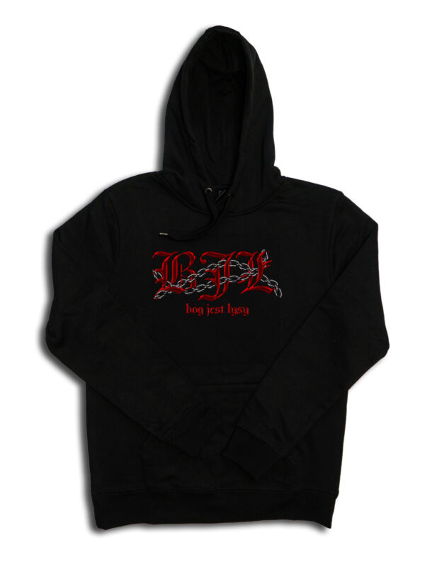 czarne hoodie bóg jest łysy chained