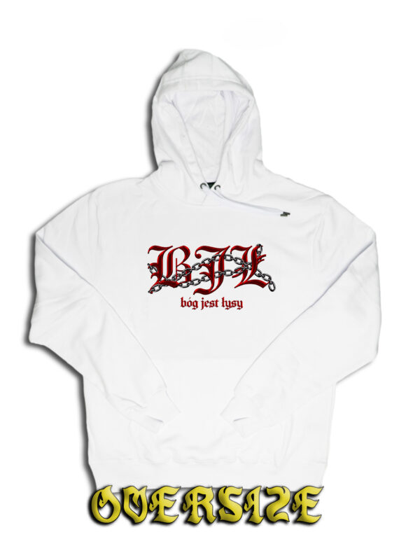 białe hoodie oversize bóg jest łysy chained