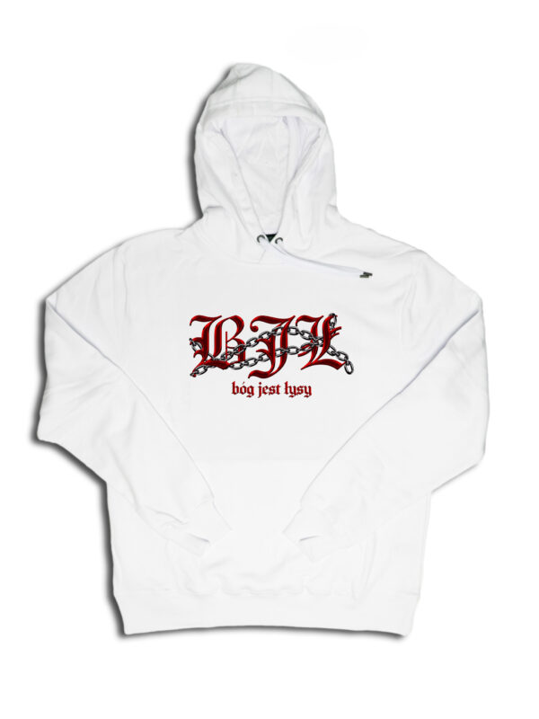 białe hoodie bóg jest łysy chained