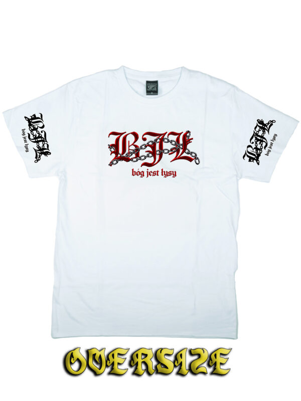 biały tshirt oversize bóg jest łysy chained