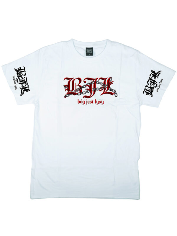 biały tshirt bóg jest łysy chained
